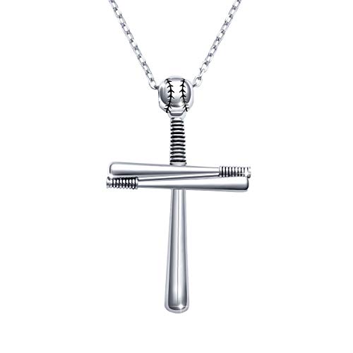 DAOCHONG S925 Sterling Silver Baseball Softball Baptism First Communion Inspirational Cross Pendant Necklace Silver for Boy Men