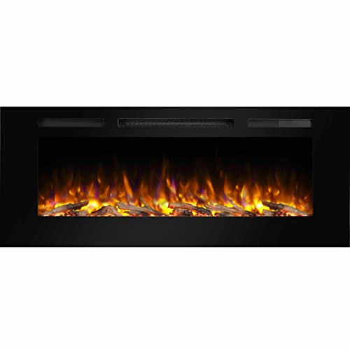 PuraFlame Alice 50 Inches Recessed Electric Fireplace, Flush Mounted for 2 X 6 Stud, Log Set & Crystal, 1500W Heater, Remote Control, Black