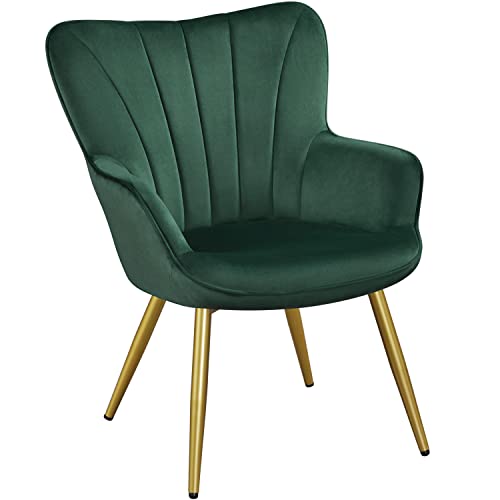 Yaheetech Velvet Accent Chair, Modern Armchair Vanity Chair with Wing Side and Metal Legs, Cozy and Soft Padded and High Back for Living Room/Makeup/Office/Bedroom, Green