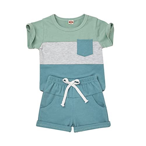 KAFIREN 18-24 Month Boy Clothes Toddler Boy Clothes Summer Outfits Short Sleeve Patchwork Top T-shirt Pocket Pants Light Green Boy Set 18-24 months/80cm