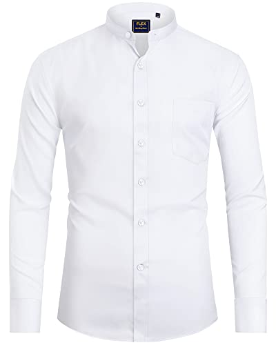 J.VER Men's Banded Collar Dress Shirts Mandarin Collar Long Sleeve Slim Fit Button Down Shirts with Pocket White Large