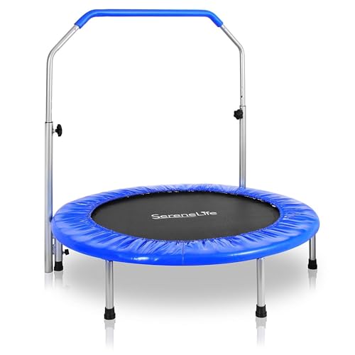 SereneLife 40 Inch Adult Size Portable Folding Highly Elastic Fitness Jumping Sports Exercise Rebounder Mini Trampoline with Adjustable Handrail, Blue
