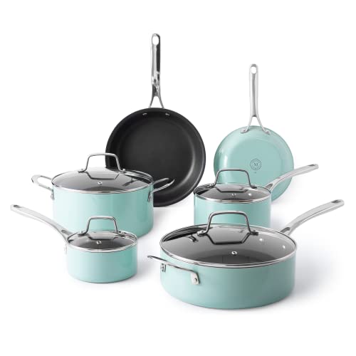 Martha Stewart Lockton Premium Nonstick 10 Piece Enamel Heavy Gauge Aluminum Pots and Pans Cookware Set - Martha Blue