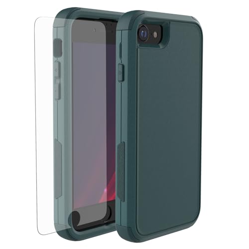 X-belmox Heavy Duty Phone Case for iPhone SE 2022 (3rd Gen) with Glass Screen Protector, 3 in 1 iPhone SE 2020 Case [Shockproof] Rugged Protective [Drop Proof] iPhone 7/8 case 4.7' - Dark Green