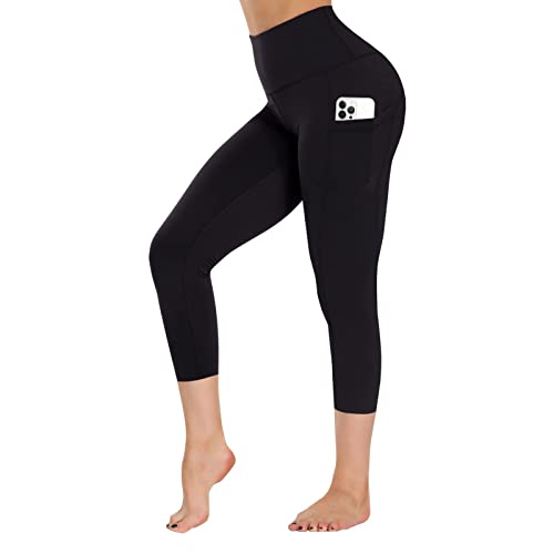 GAYHAY Leggings with Pockets for Women Reg & Plus Size - Compression Capri Yoga Pants High Waist Tummy Control for Workout Capris Black