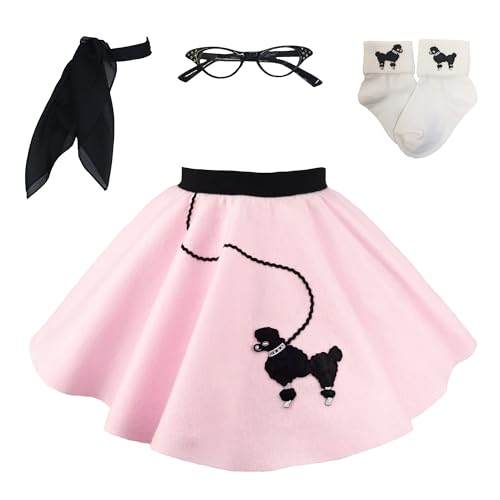 Hip Hop 50's Shop 1950s Toddler Poodle Skirt with Scarf, Bobby Socks, and Glasses, 4 Piece Halloween or Pretend Play Costume Set (Light Pink)