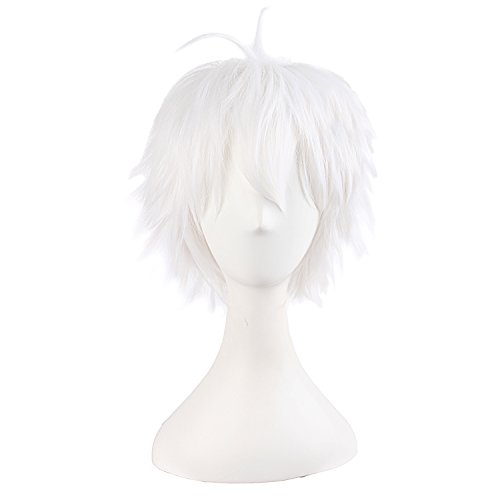 MapofBeauty 14'/35cm Men With Short Hair Tied Ponytail Cosplay Party Wigs (White)