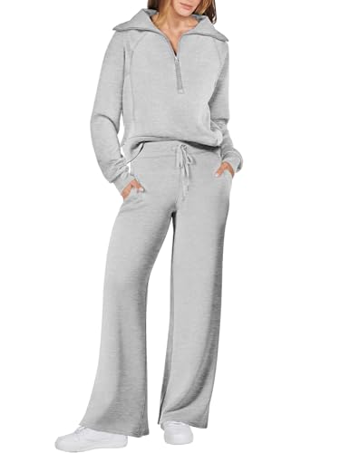 Women's 2 Piece Oversized Quarter Zip Sweatsuit Set by ANRABESS - Fall 2023 Sweatshirt and Wide Leg Sweatpant Lounge Set