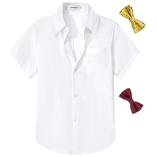 Aimehonpe Boy's Short Sleeve Cotton Dress Shirt and Bow Tie Formal Uniform Solid Button-Down Shirts, White, Medium