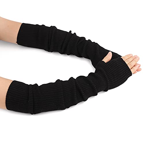 F Flammi Cashmere Blended Arm Warmer Winter Fingerless Gloves Knit Mitten Gloves Wrist Warmer with Thumb Hole for Women (Black,60cm)
