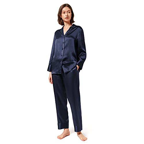 Mommesilk Silk Pajamas for Women Long Sleeve Washable Mulberry Silk Pj Sets Sleep Summer Nightwear Silk Loungewear Blue X-Small