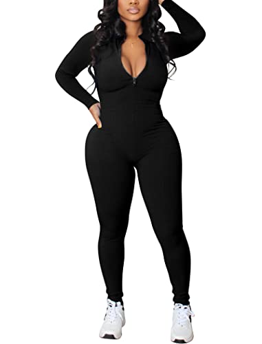 chicyes Women's Sexy Bodycon Ribbed Long Sleeve Zipper One Piece Pants Rompers Jumpsuits Black