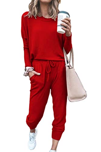 PRETTYGARDEN Women's 2024 Fall Two Piece Outfit Long Sleeve Crewneck Pullover Tops and Long Pants Tracksuit (Red,Large)