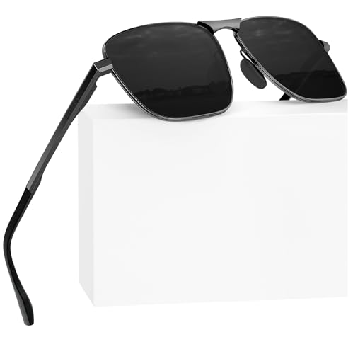 LUENX Men Rectangular Polarized Sunglasses Square Retro Shades - Black Lens Gunmetal Frame 59mm