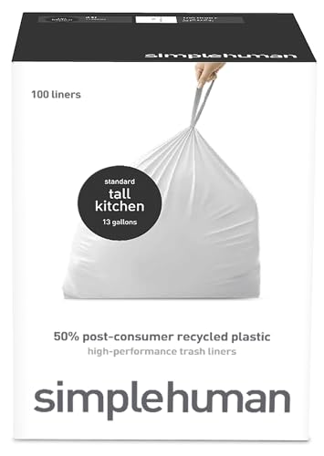 simplehuman 50% Post-Consumer Recycled Tall Kitchen Drawstring Trash Bags, 13 Gal, 100 Count