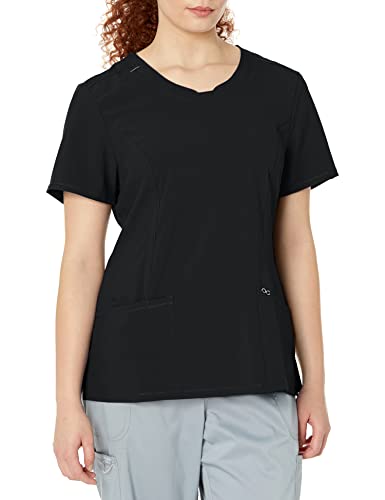 Infinity Round Neck Scrub Top for Women 4-Way Stretch 3 Pockets with Side Vents and Rib-Knit Back Pane 2624A, L, Black