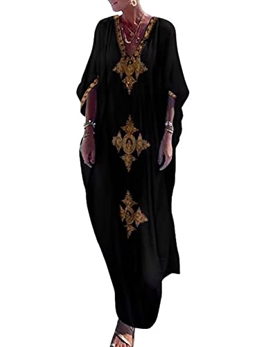 Bsubseach Gold Embroidery Long Kaftan Dresses V Neck Caftan Dress Beach Cover Ups for Women Black