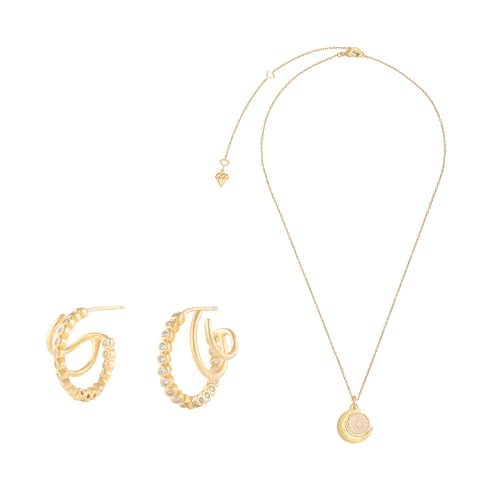 Wanderlust + Co Dreamchaser Gold Spinning Necklace and Triple Pave Gold 13mm Hoop Earrings Bundle - 14K Gold Plated Hypoallergenic Shower-safe Jewelry