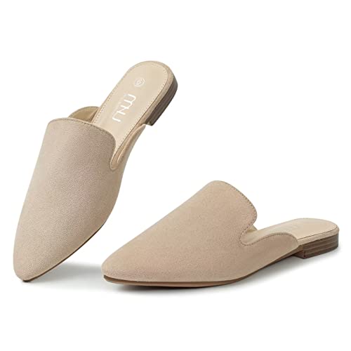 MUSSHOE Mules for Women Flats Comfortable Pointed Toe Women Mules,Beige 8