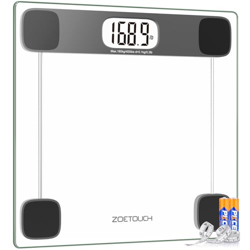 ZOETOUCH Scale for Body Weight Digital Bathroom Weighing Bath Scale, Tempered Glass LCD Display Batteries and Tape Measure Included, 400lbs