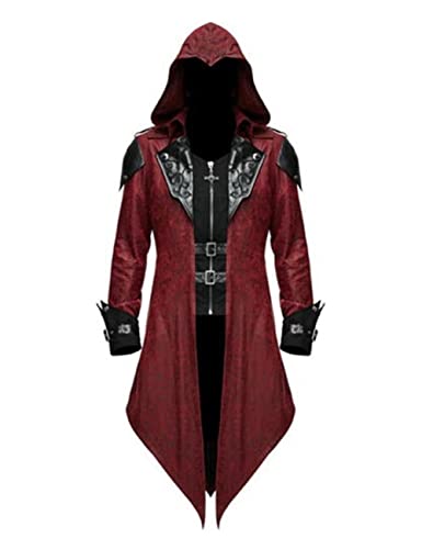 Men's Medieval Tailcoat Steampunk Vintage Spliced Hooded Trench Zipper Coat Gothic Dark Halloween Costume (Medium, Burgundy)