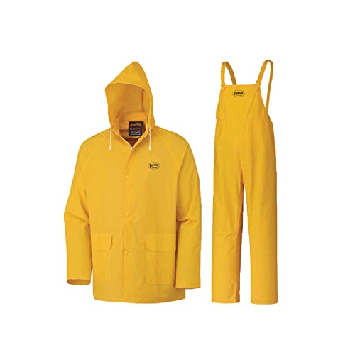 Pioneer Waterproof PVC Work Suit for Men – Repel Rain Gear Yellow Safety Jacket and Bib Pants - 3 PC Set With Detectable Hood
