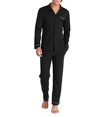 DAVID ARCHY Mens Cotton Sleepwear Pajamas Set Long Sleeve, Button-Down with Pockets, Fly Loungewear for Men Top & Pants Set (L, Black)