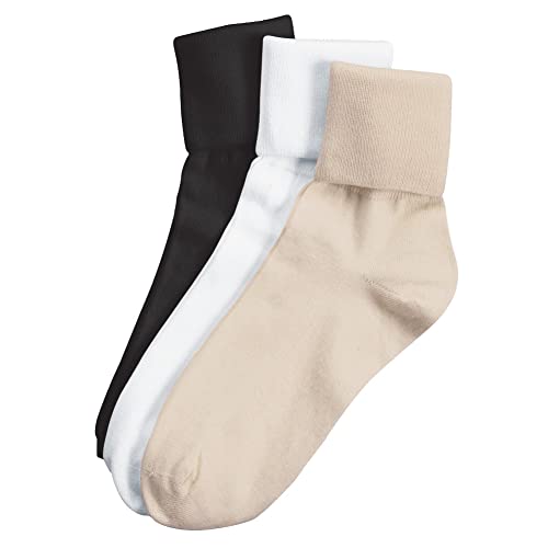 Buster Brown Womens 100% Cotton Socks Fold Over Bobby Socks Ankle Socks, 3 Pairs - Black White Tan - M