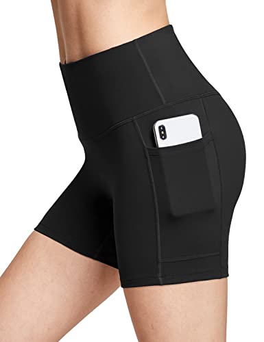 BALEAF Biker Shorts Women Yoga Gym Workout Spandex Running Volleyball Tummy Control Compression Shorts with Pockets Soft 5' Black M