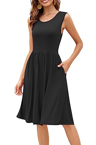 DB MOON Womens Sleeveless Dresses with Pockets Summer Casual Knee Length Sundress (Black, L)