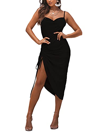 LYANER Women's Satin Spaghetti Straps Cowl Neck Sexy Ruch Cocktail Midi Dresses Black Large