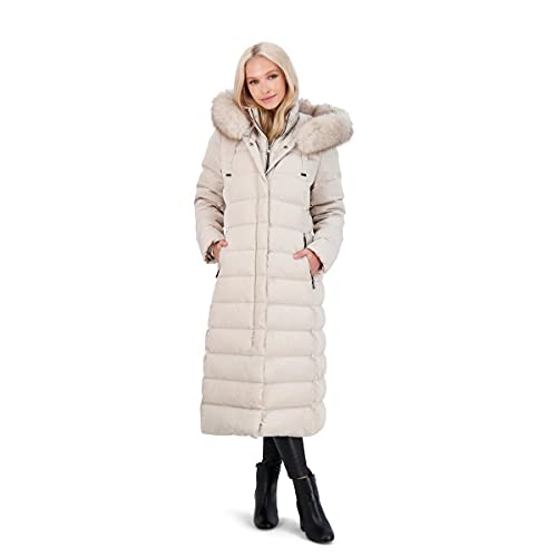 TAHARI Nellie Womens Removable Faux Fur Trim Long Down Coat Jacket Ivory Size M