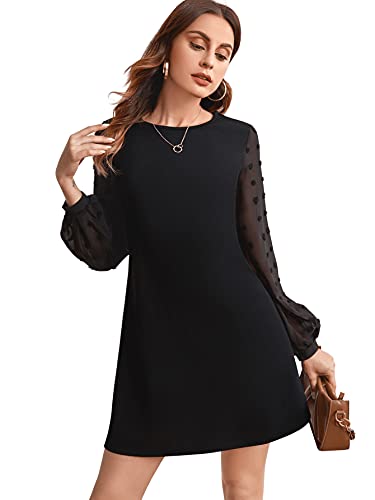 SweatyRocks Women's Elegant Mesh Contrast Long Sleeve A Line Mini Short Dress Black XL
