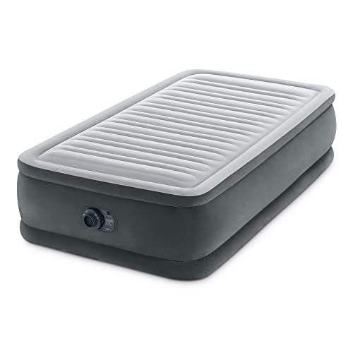 INTEX 64411ED Dura-Beam Deluxe Comfort-Plush Elevated Air Mattress: Fiber-Tech – Twin Size – Built-in Electric Pump – 18in Bed Height – 300lb Weight Capacity
