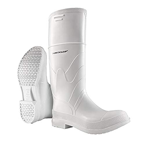 Dunlop Protective Footwear,Plain Toe White Safety Lock, 100% Waterproof PVC, Light, Slip-Resistant, 8101100.09, Size 9 US