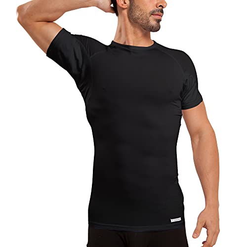 Ejis Sweatproof Undershirt Mens Modal Crew w Sweat Pads, Silver Treated to Fight Embarrassing Body Odor & Armpit Stains, Aluminum Free Alternative to Antiperspirant, Regular Fit (Large, Black)