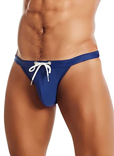 MIZOK Men's Sexy Low Rise Swimsuits Bikini Swimming Briefs Swimwear with Adjustable Drawstring Navy M