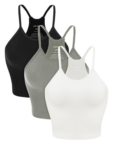 ODODOS Women's Crop Camisole 3-Pack Washed Seamless Rib-Knit Crop Tank Tops, Long Crop, White Gray Black, Medium/Large