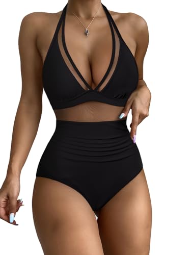 RXRXCOCO Women Sexy V Neck Mesh One Piece Bathing Suit Halter Push Up Tummy Control Swimsuit Swimwear X-Large Black