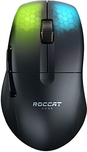 ROCCAT Kone Pro Air Gaming PC Wireless Mouse, Bluetooth Ergonomic Performance Computer Mouse with 19K DPI Optical Sensor, AIMO RGB Lighting & Aluminum Scroll Wheel, 100+ Hour Battery Life, Black