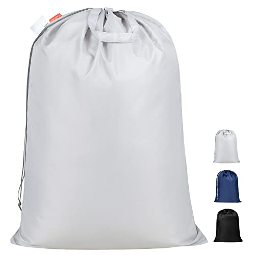 Polecasa Extra Large Heavy Duty Laundry Bag with 130gsm Tear Resistant Fabric and Handles, Easy to Carry Waterproof Dirty Clothes Drawstring Bag, Washable Hamper Bag for Travel, 28”x36”, Silver