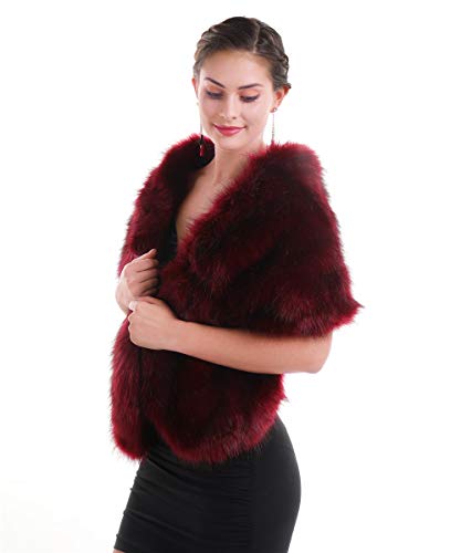 Lucky Leaf Women Luxurious Large Winter Faux Fur Scarf Wrap Collar Shrug for Lady Poncho Wedding Dinner Party (Shawl Burgundy 1)