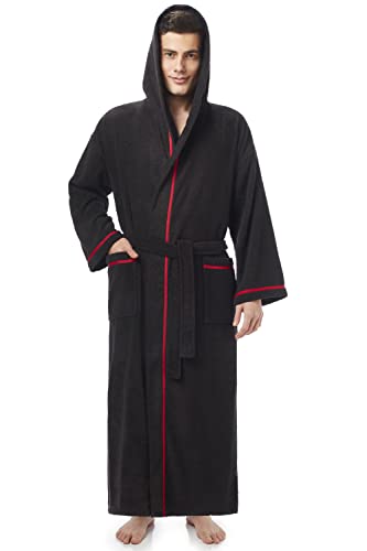 Arus Men's Hooded Classic Bathrobe Turkish Cotton Robe with Full Length Options, Black w Red Large-X-Large