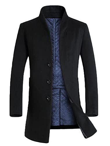Lavnis Men's Trench Coat Long Wool Blend Overcoat Slim Fit Down Topcoat Thicken Style Black XL