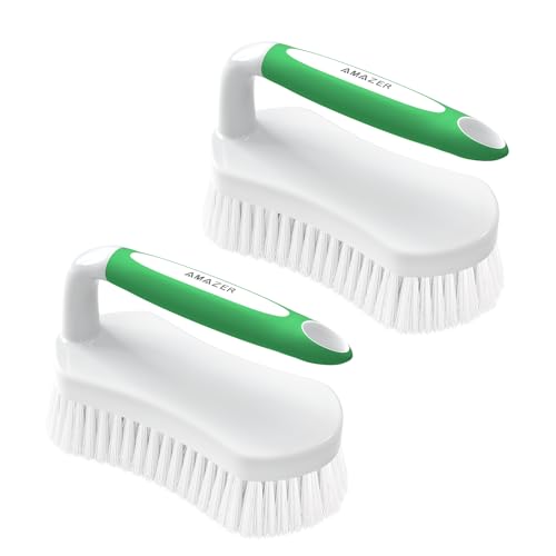 Amazer Scrub Brush for Cleaning Comfort Grip Shower Scrubber Stiff Bristles with Handle Heavy Duty Cleaner Brush for Tub Sink Carpet Floor - Pack of 2 (Green+Green)