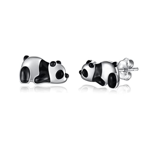 Cute Sterling Silver Animal Earrings - Panda Owl Dinosaur Bunny Koala Penguin Cow Elephant Hypoallergenic Ear Studs Post Earring Jewelry Gift for Women Girls Teens (Cozy Panda)