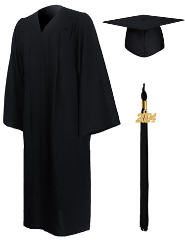 GraduationMall Matte Graduation Gown Cap Tassel Set 2024 for High School and Bachelor Black 48 Plus(5'3'-5'5')