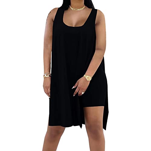 AXOSY Women's Plus Size 2 Piece Outfits Sleeveless Tunic Tops and Bodycon Biker Shorts Sets Tracksuits Black,XX-Large