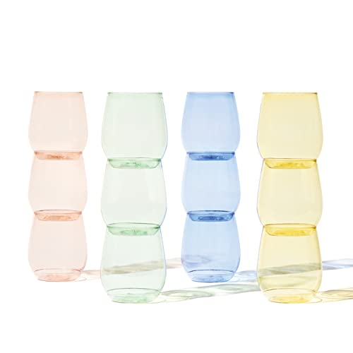 TOSSWARE POP 14oz Vino - Color Series SET OF 12, Premium Quality, Recyclable, Unbreakable & Crystal Clear Plastic Wine Glasses