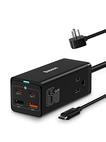 Baseus USB C Charger PowerCombo 65W - 6 in 1 Travel Power Strip USB C Desk Charging Station with 2AC Outlets, Fast Charging Extension Cord for Laptops iPhone Samsung iPad (100W Type C Cable Included)